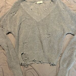 Elan Distressed V-Neck Sweater in Light Gray